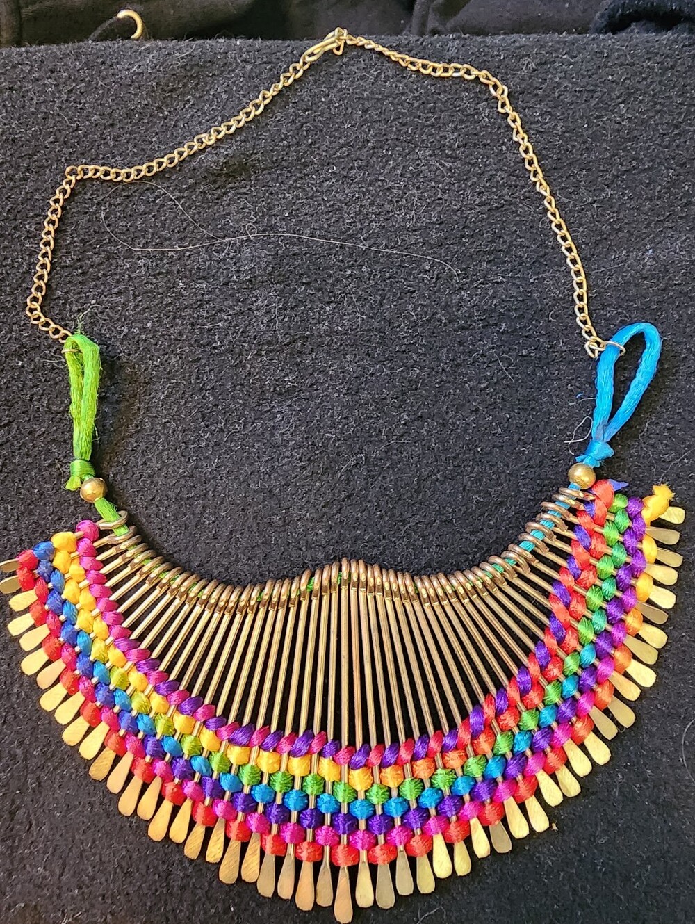 Gold-Plated Indian Festival Inspired Brass Necklace Woven With Rainbow Silk